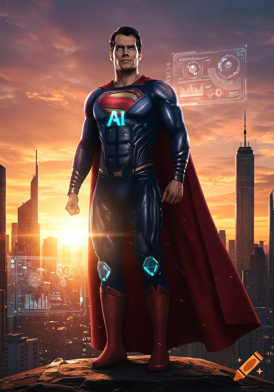 Superman with glowing 'AI' on his chest stands heroically above a futuristic city at sunset.