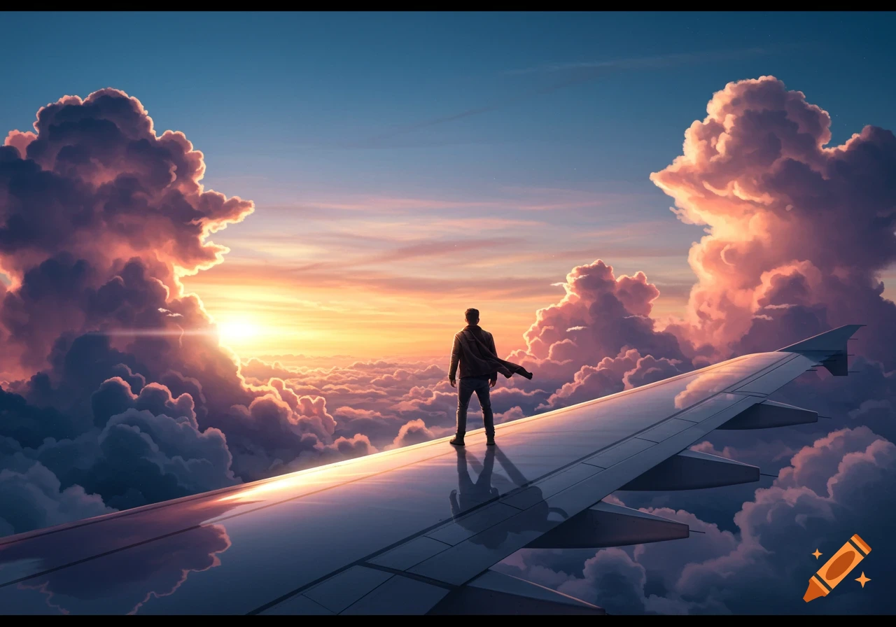 A man stands on an airplane wing above a sea of clouds, watching a vibrant sunset.