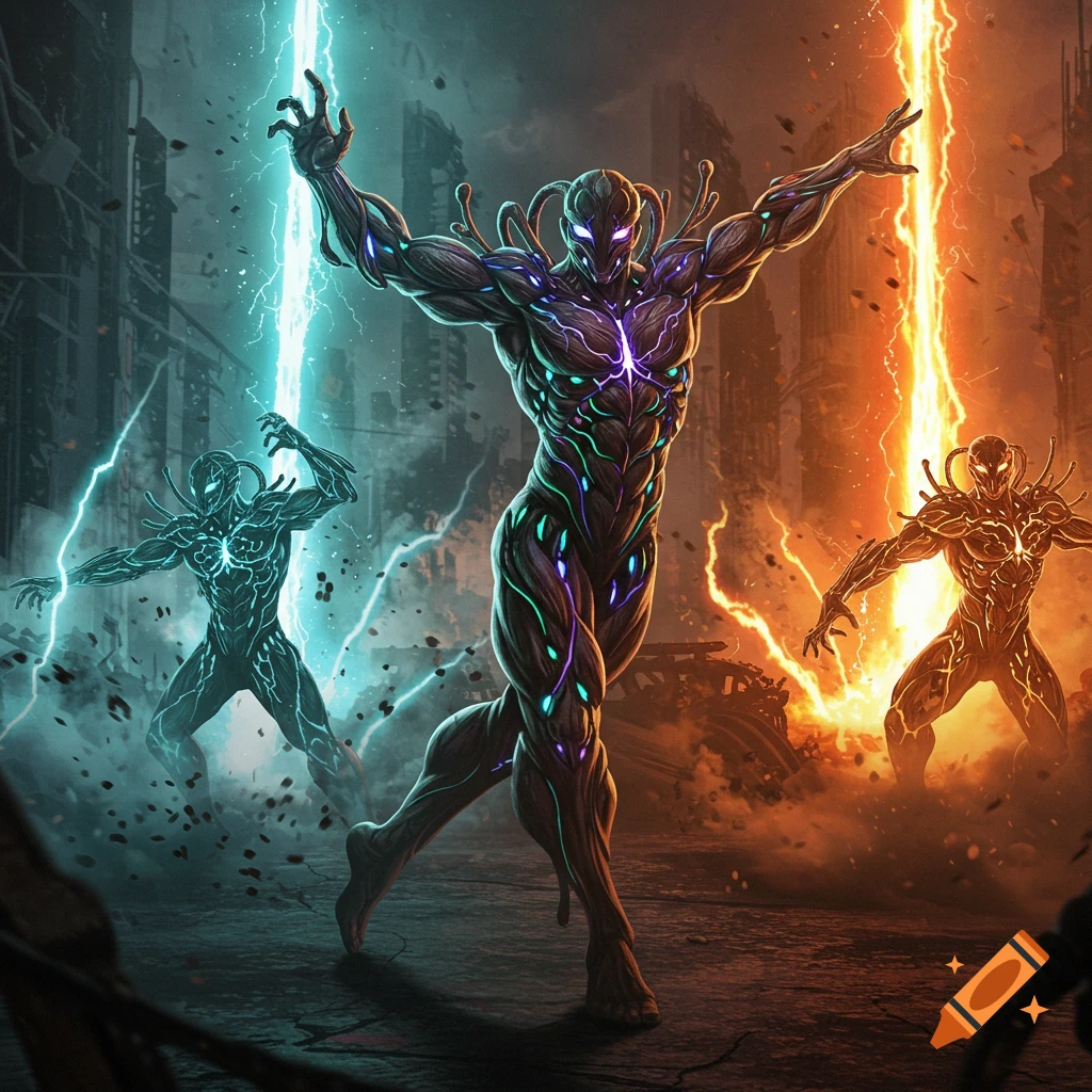 Three muscular bio-metallic figures with glowing organic armor and pulsing light veins engage in an energy battle in a ruined city.