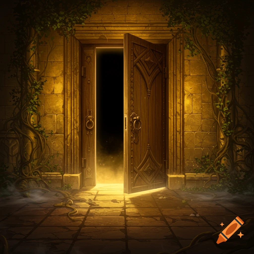 Ornate wooden door in a stone wall with vines, opening to a glowing, mysterious light within.