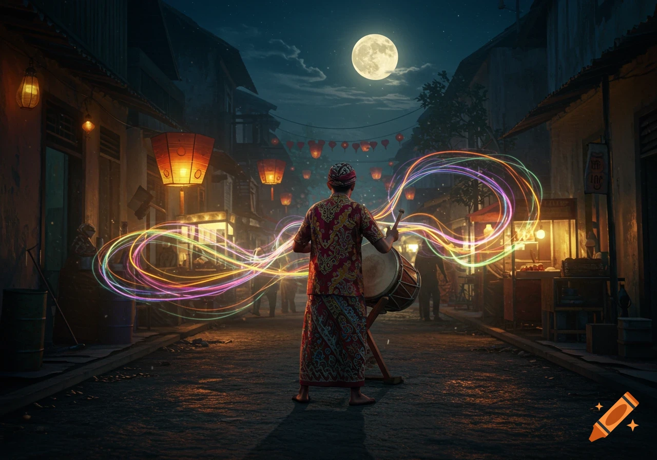 A person in traditional clothing plays a drum on a lit street at night under a full moon, with colorful light trails emanating from the drum.
