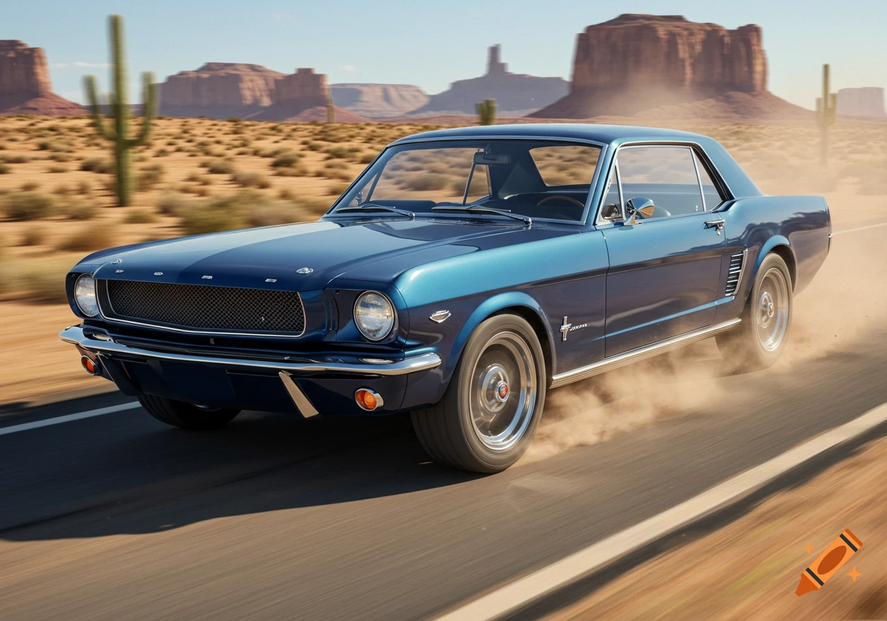 A blue classic Ford Mustang drives on a desert road, kicking up dust, with rock formations and cacti in the background, photorealistic.