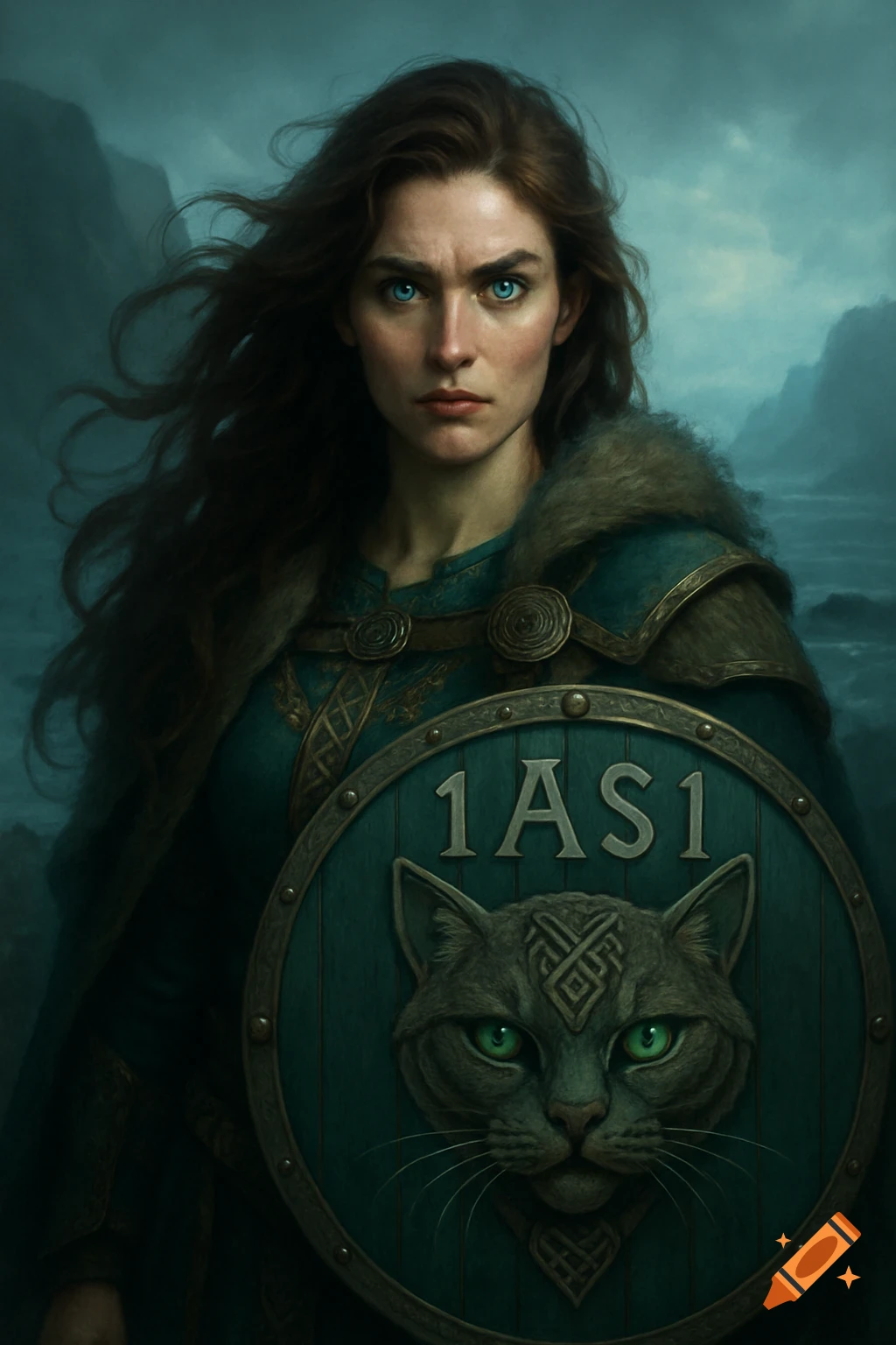 A portrait of a strong, brunette woman with blue eyes in Viking attire, holding a shield with "1AS1" and a cat emblem, in a dark, moody landscape.