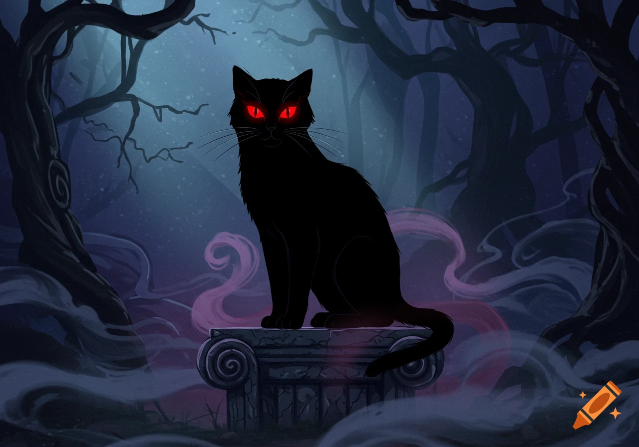 Black cat with glowing red eyes sits on a stone pillar in a dark, misty forest, illustrated in a gothic style.