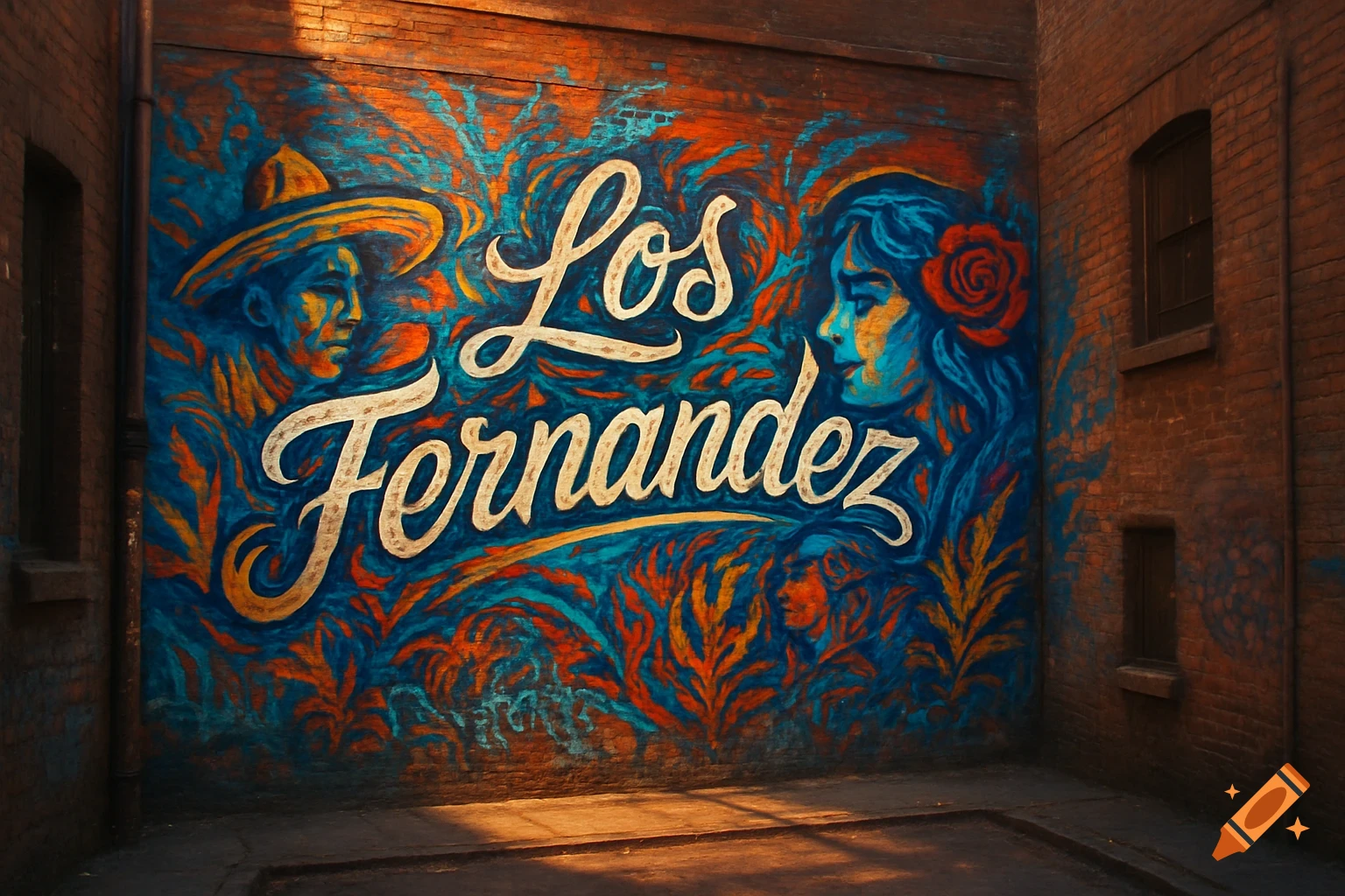 A vibrant mural on a brick wall depicts a man in a sombrero, a woman with a rose, and the words 'Los Fernandez' in decorative script.