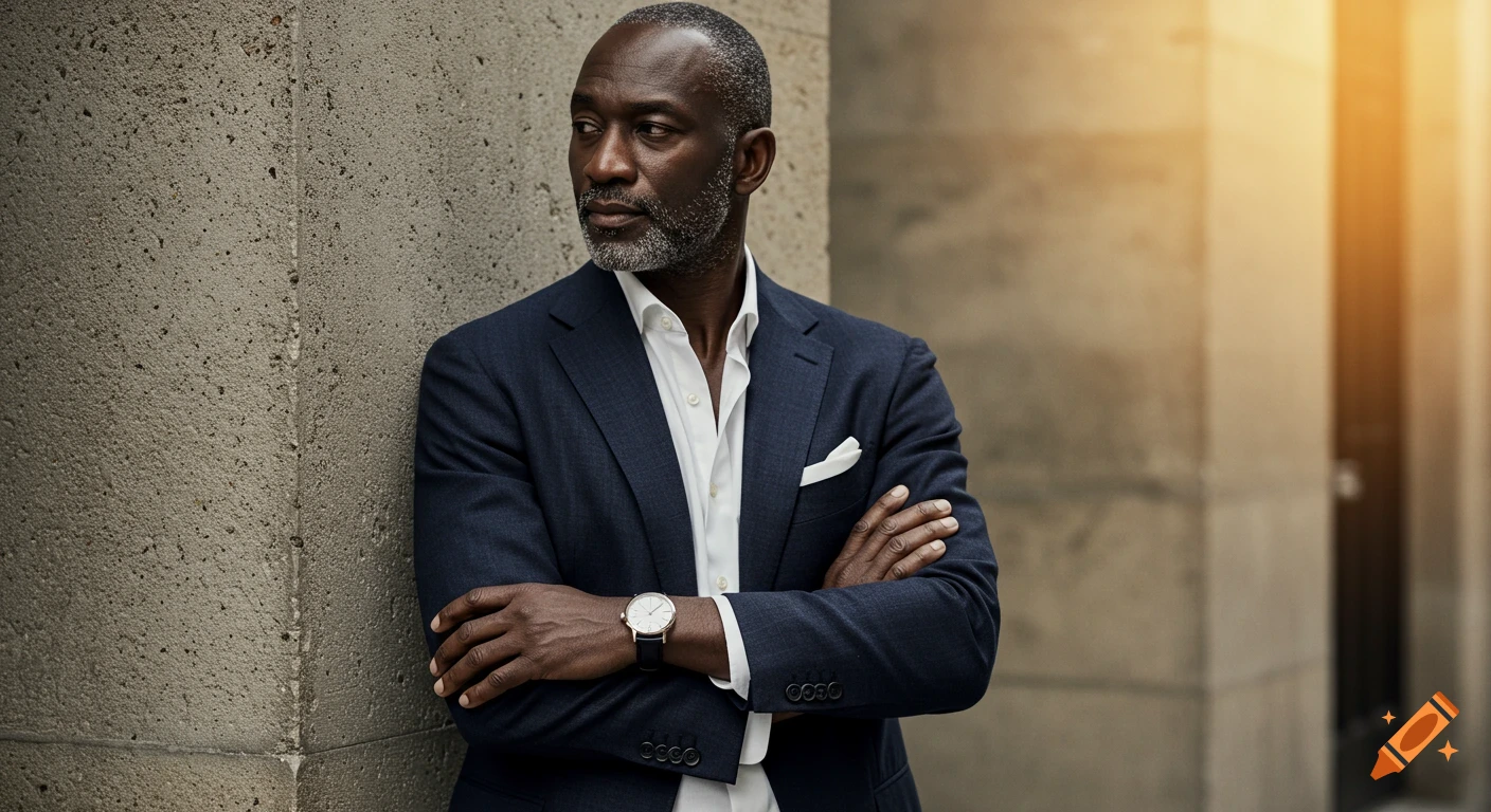 A well-groomed Black man in a navy blazer stands with crossed arms against a concrete wall, bathed in golden light.