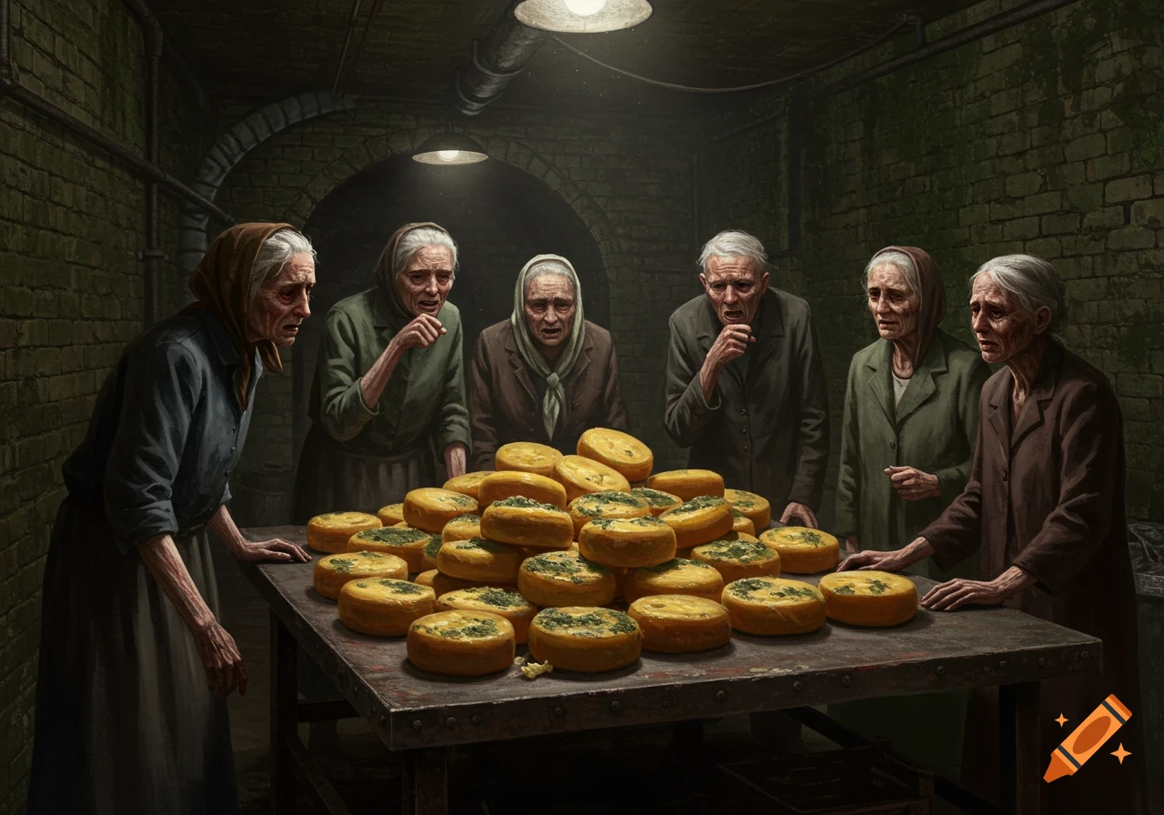 Six gaunt, elderly people look at a table overflowing with moldy cheese in a dark, brick cellar, evoking a somber mood.