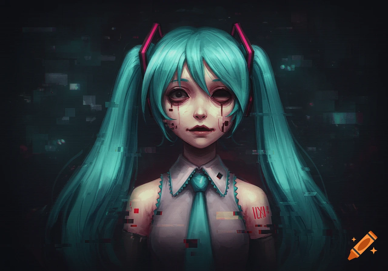 A glitchy, surreal digital art portrait of a haunted Hatsune Miku with distorted eyes and pixelated artifacts.