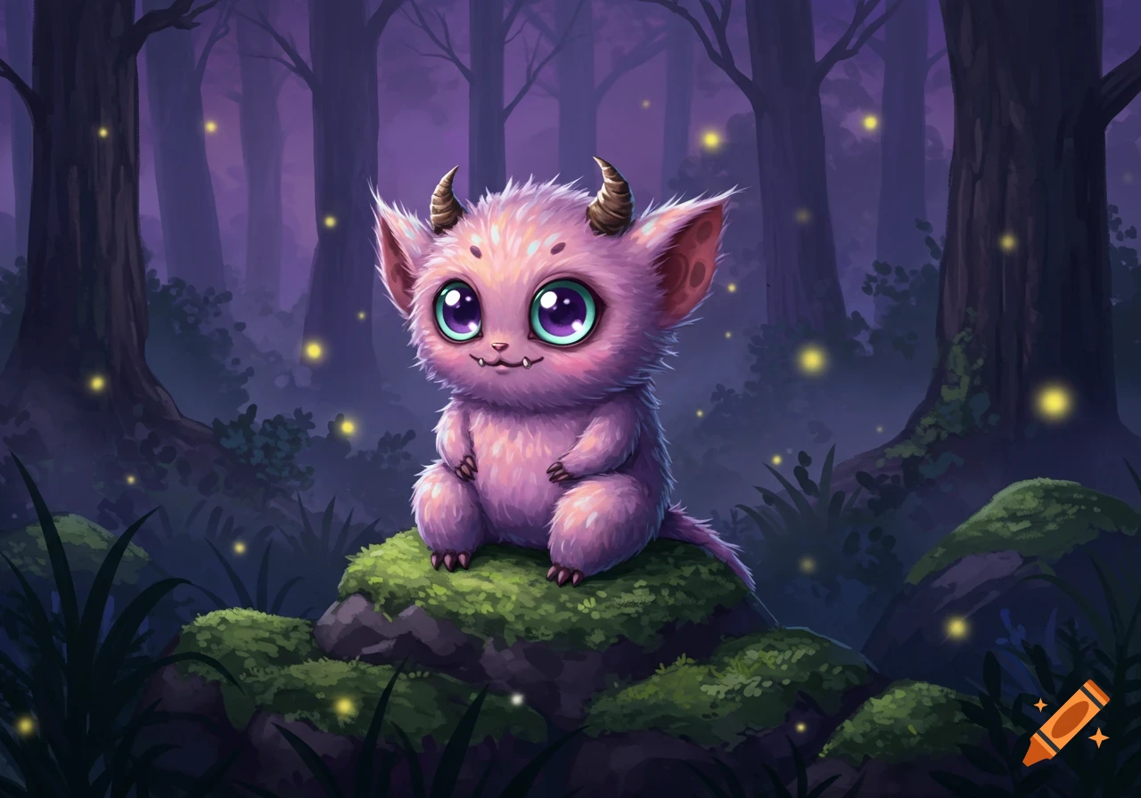 A cute, fluffy pink creature with large eyes and small horns sits on a mossy rock in a magical, dark forest with glowing fireflies.