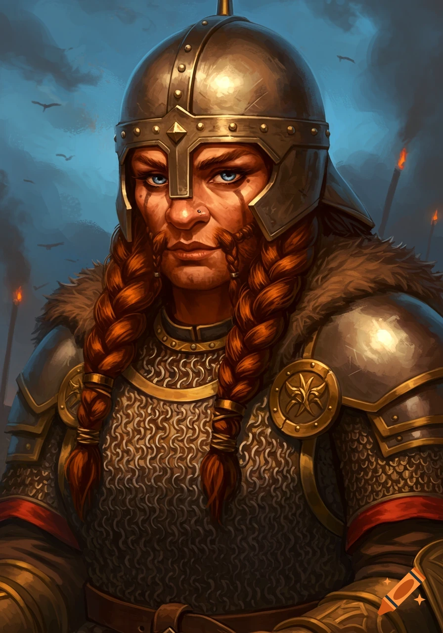 Portrait of a fierce dwarf woman with braided red hair, a nose ring, blue eyes, and a full beard, wearing a metal helmet and chainmail armor, with smoke and torches in the background.