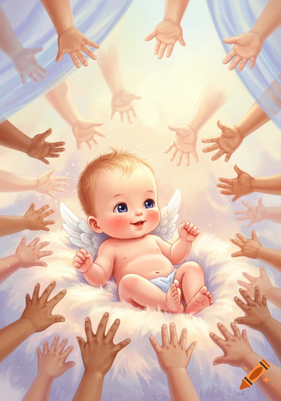 A cute, smiling baby with small wings lies on a fluffy white cloud, surrounded by many hands reaching towards it in an illustration style.