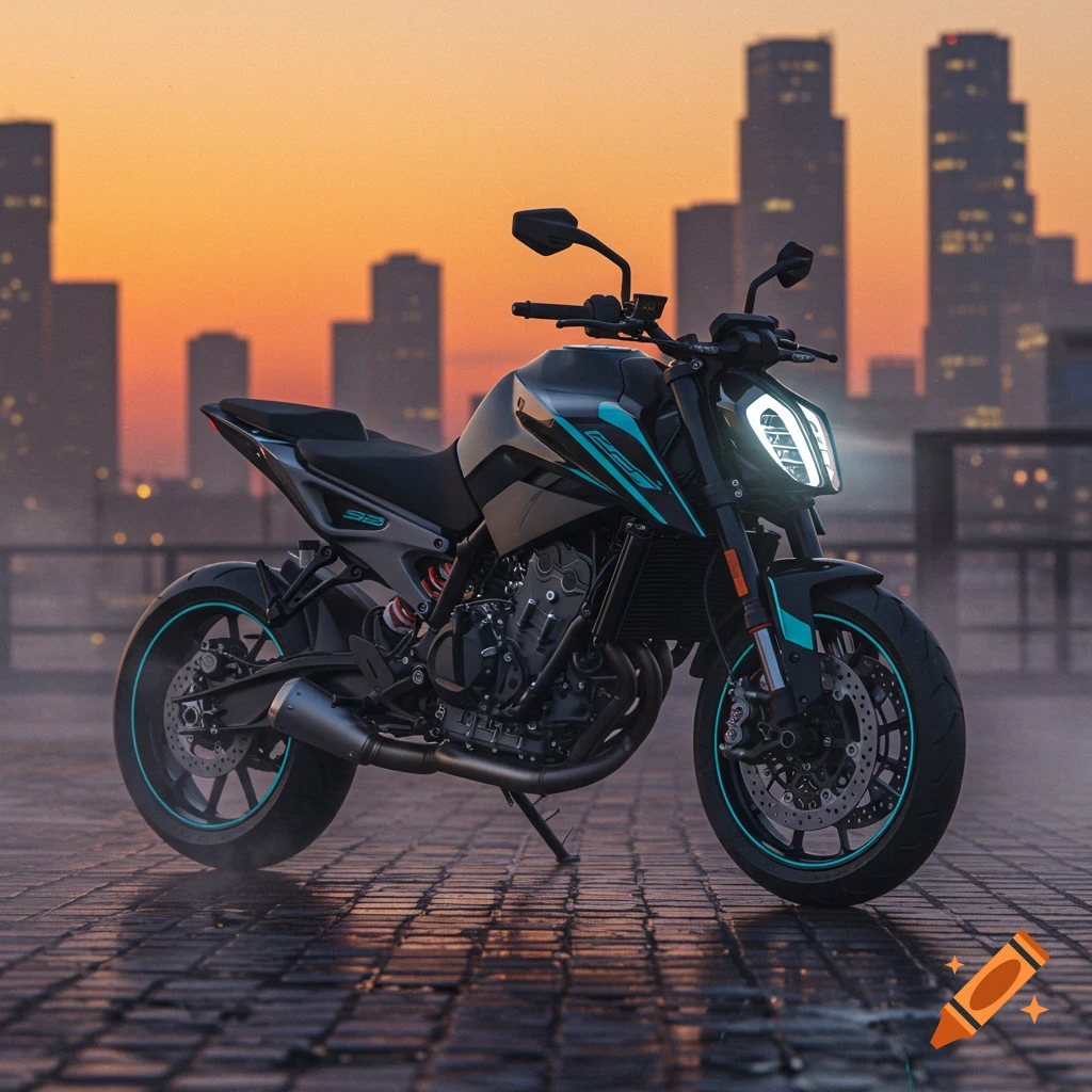 A sleek black and turquoise motorcycle parked on a wet, tiled surface with a blurred city skyline at sunset in the background.