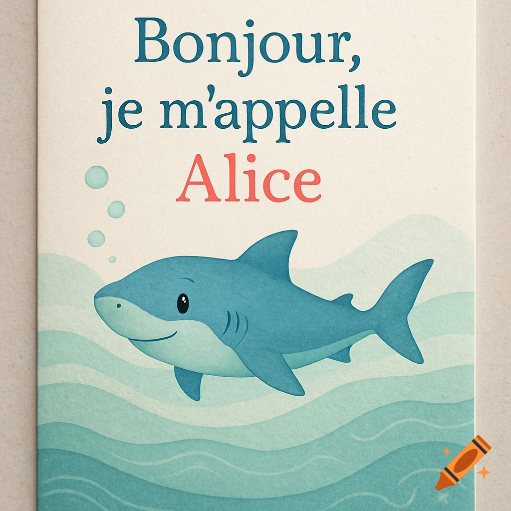 Cartoon illustration of a blue shark in wavy water, with French text 'Bonjour, je m'appelle Alice' above.
