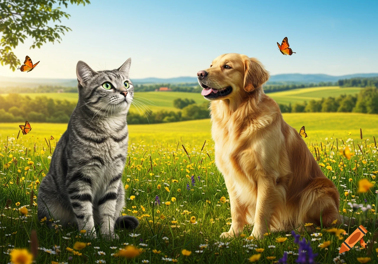 A tabby cat and a golden retriever sit in a sunny field of yellow wildflowers with butterflies flying around.