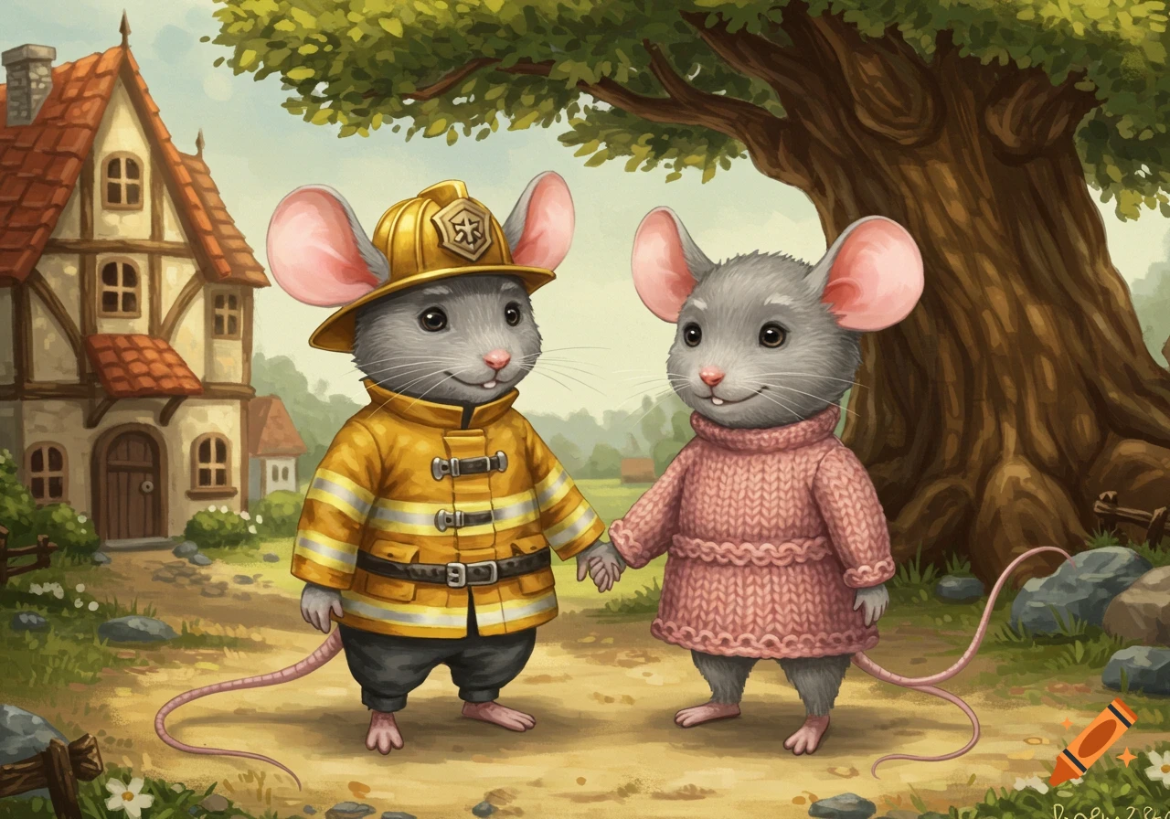 Two cartoon grey mice, one in a yellow firefighter uniform and the other in a pink knitted dress, hold hands.