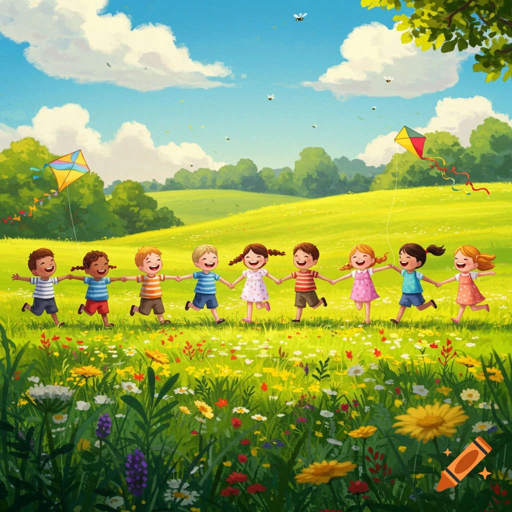 Seven joyful children run hand-in-hand through a vibrant flower-filled meadow under a bright blue sky with kites flying, in an illustration style.