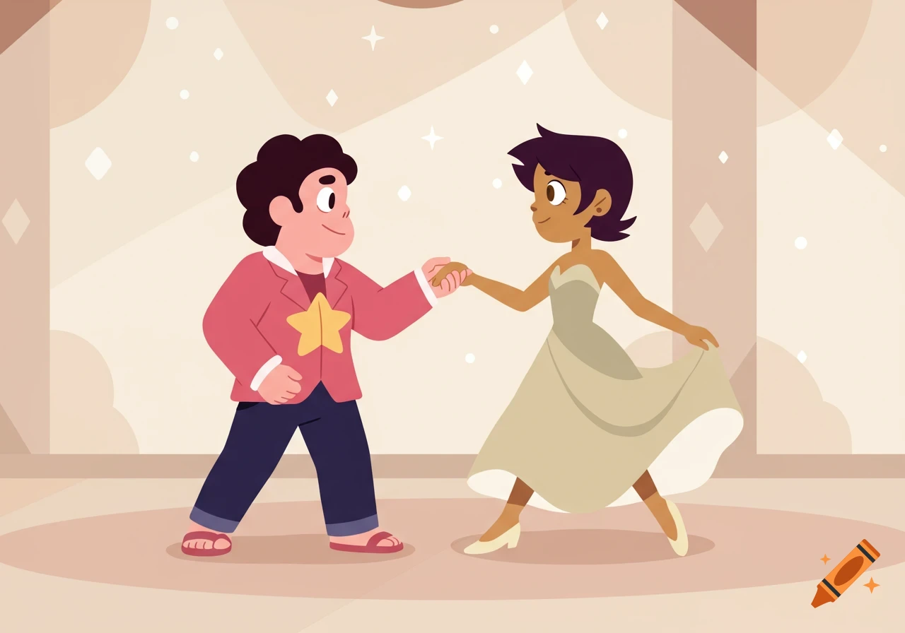 Cartoon Steven Universe in a pink jacket and Luz Noceda in a light dress slow dancing, holding hands in a sparkling ballroom.