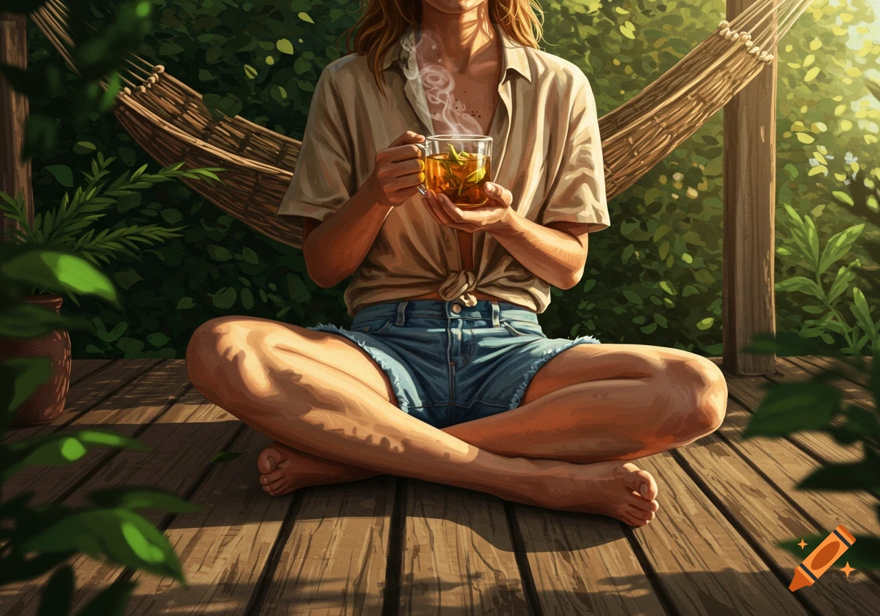An illustration of a person sitting cross-legged on a wooden deck, holding a steaming mug, with a hammock and lush foliage in bright sunlight.