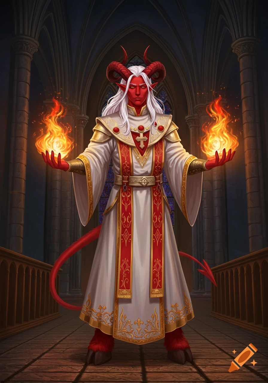 A red-skinned, white-haired tiefling male cleric in white, red, and gold robes, with horns and goat hooves, casting a fire spell in a gothic cathedral.