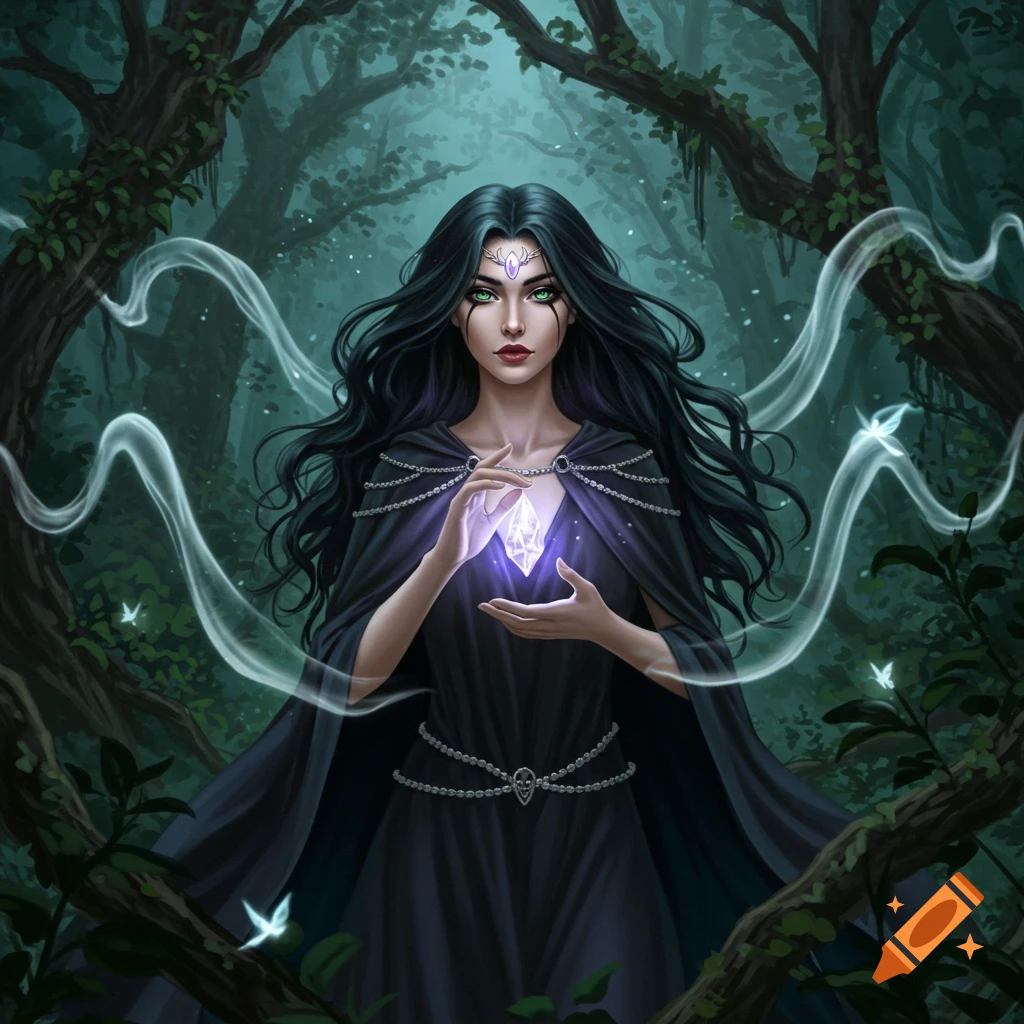 A dark-haired witch in a black cloak holds a glowing crystal in a mystical forest, surrounded by ethereal wisps.