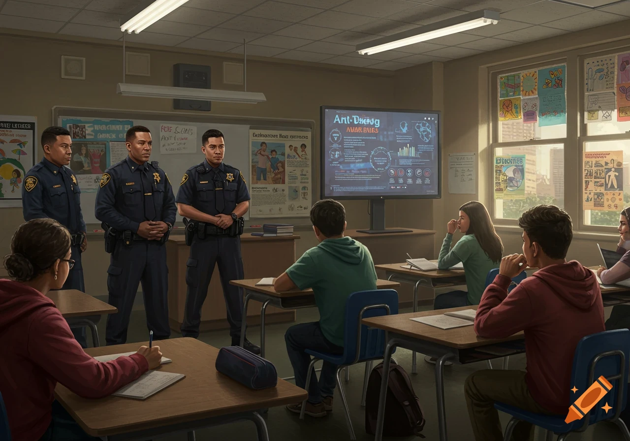 Three police officers stand at the front of a classroom, presenting an "Anti-Drug Awareness" program on a large screen to attentive students at their desks.
