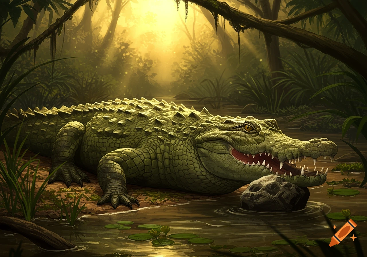 A large green crocodile with an open mouth holds a rock, partially submerged in a sunny jungle swamp.