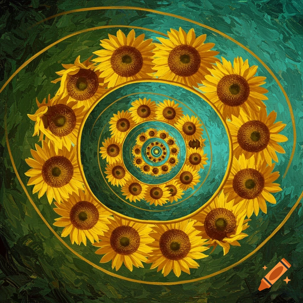Van Gogh-style sunflowers arranged in a vibrant Fibonacci spiral pattern on a textured green-blue background.