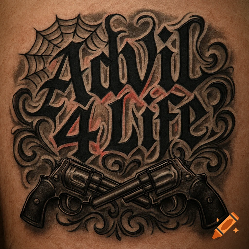 Ornate tattoo on skin featuring 'Advil 4 life' text in a gothic style, with a spiderweb, scrolls, and two revolvers.