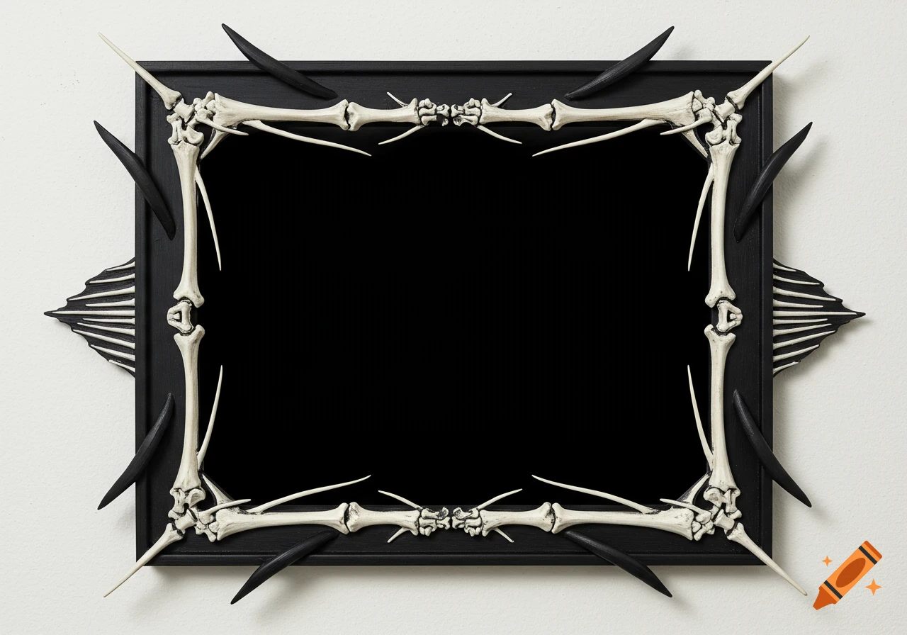 A black rectangular picture frame is adorned with white, stylized bone structures and dark, fin-like projections against a white background.