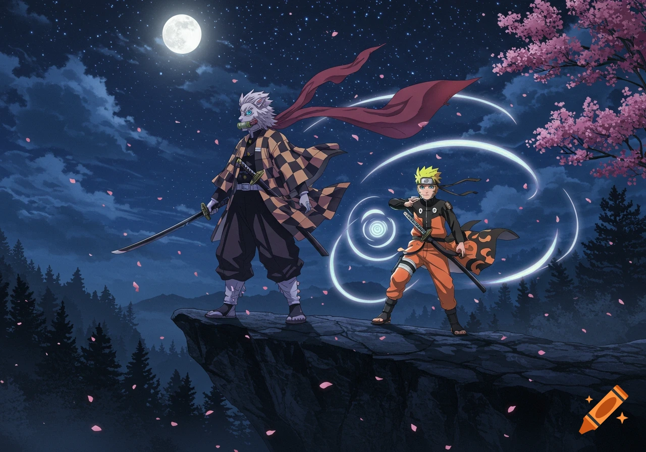 Inosuke from Demon Slayer and Naruto Uzumaki stand on a moonlit cliff with cherry blossoms falling, in an anime style.