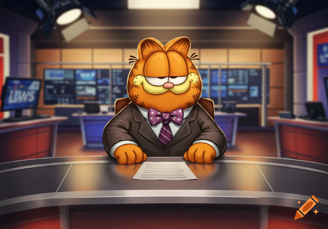 Cartoon Garfield dressed as a news anchor, sitting at a desk in a newsroom with monitors in the background.