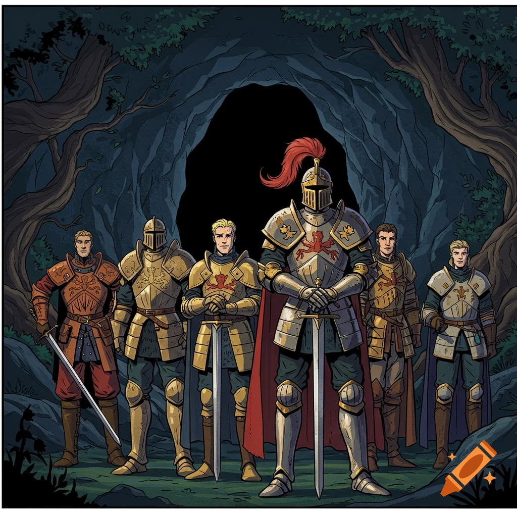 Six cartoon knights, one in full armor with a red plume, stand with swords drawn before a dark cave entrance in a forest.