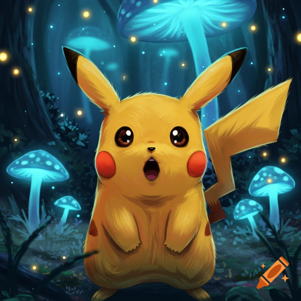 A surprised Pikachu stands amidst a dark, enchanting forest filled with glowing blue mushrooms and fireflies, rendered in a digital art style.
