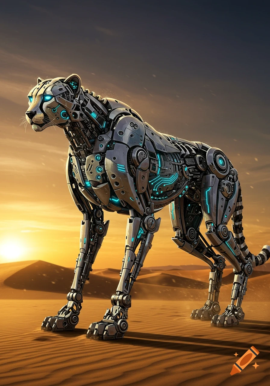 A majestic robotic cheetah with intricate metallic parts and glowing blue circuits stands in a vast desert under a dramatic sunset.