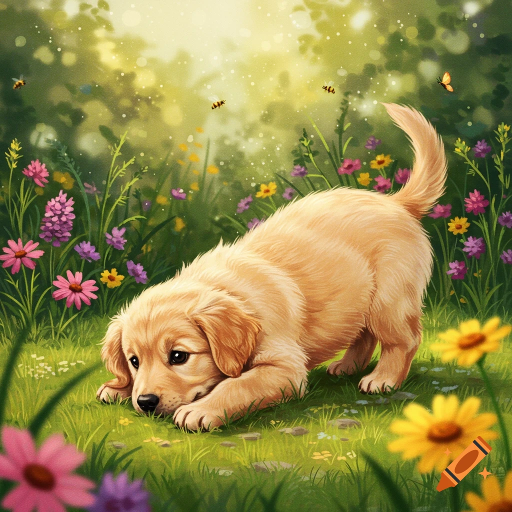 A cute golden retriever puppy crouches playfully in a vibrant field of colorful flowers with bees and a butterfly, in a stylized illustration.