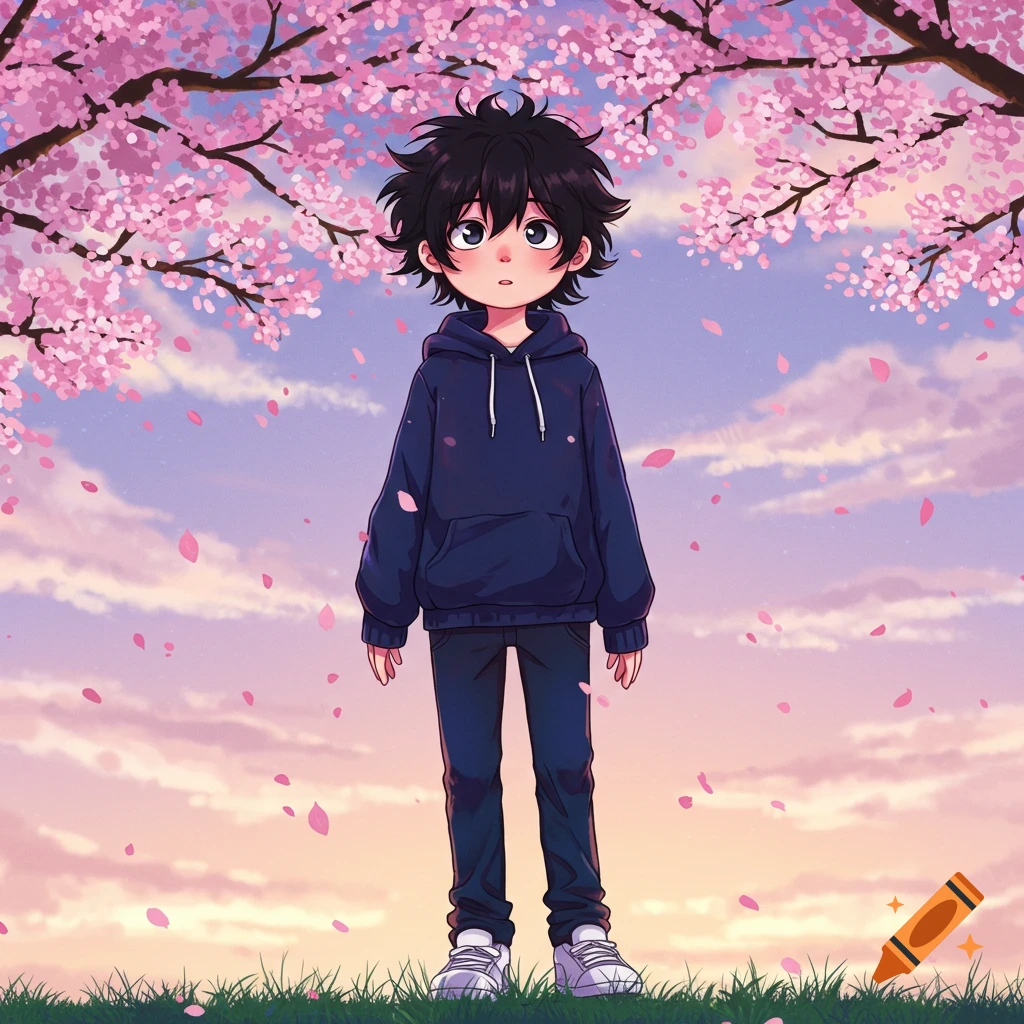 Anime boy with black hair standing under pink cherry blossom trees at sunset.