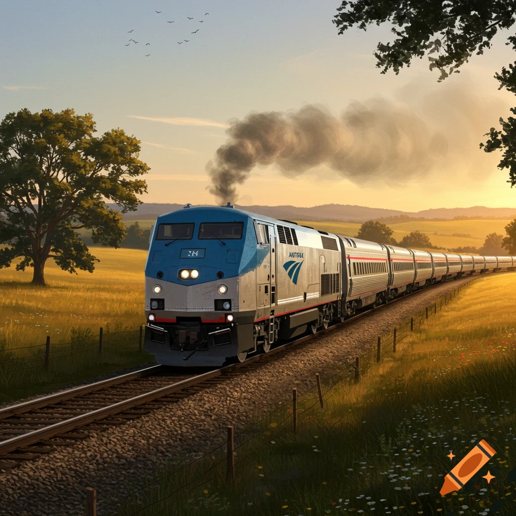A blue and silver Amtrak train travels through a golden field at sunset, emitting smoke, with rolling hills in the background.