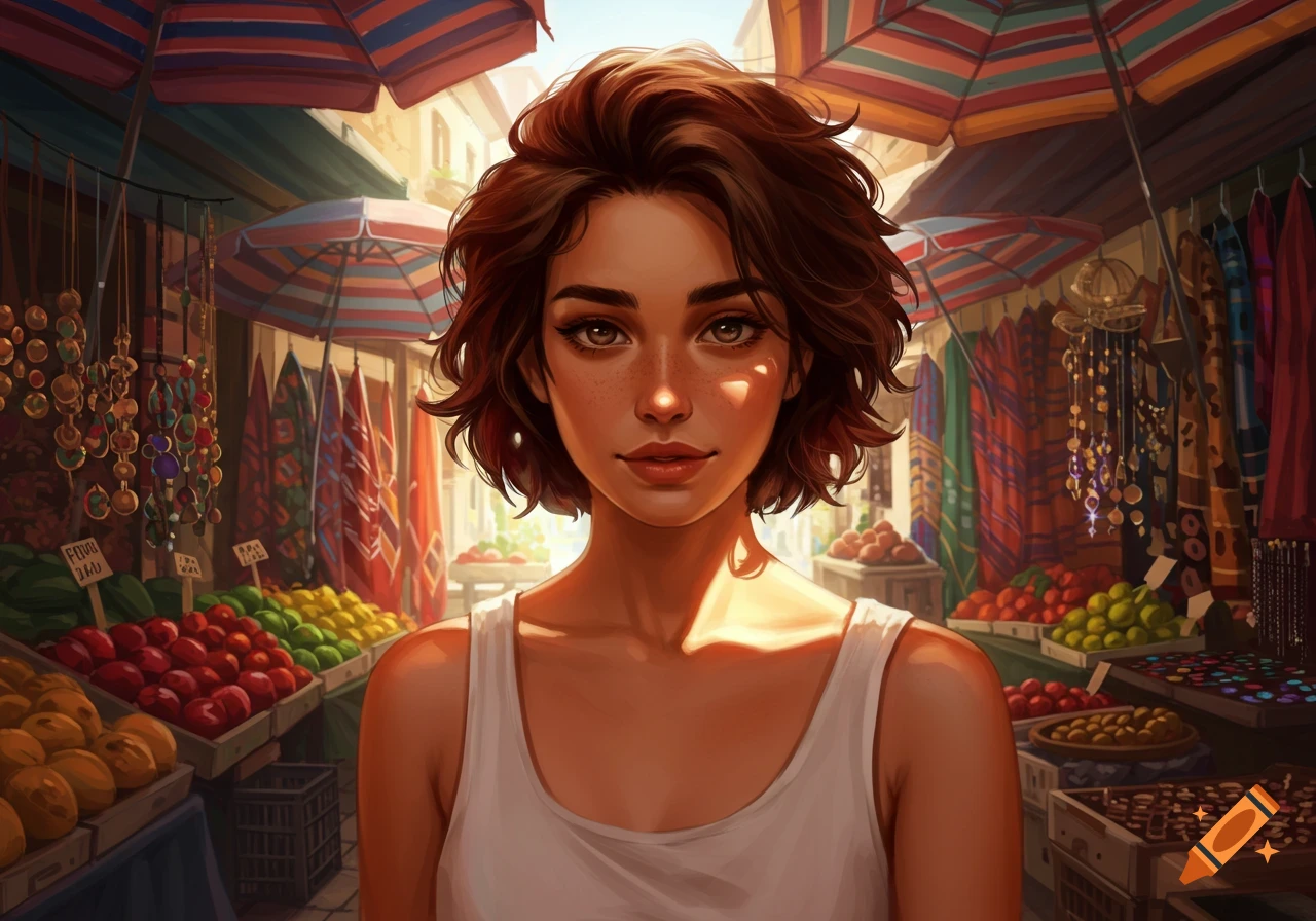 A beautiful young woman with short brown hair and freckles stands in a vibrant, sunlit outdoor market, surrounded by colorful fruits, textiles, and parasols in a digital painting style.