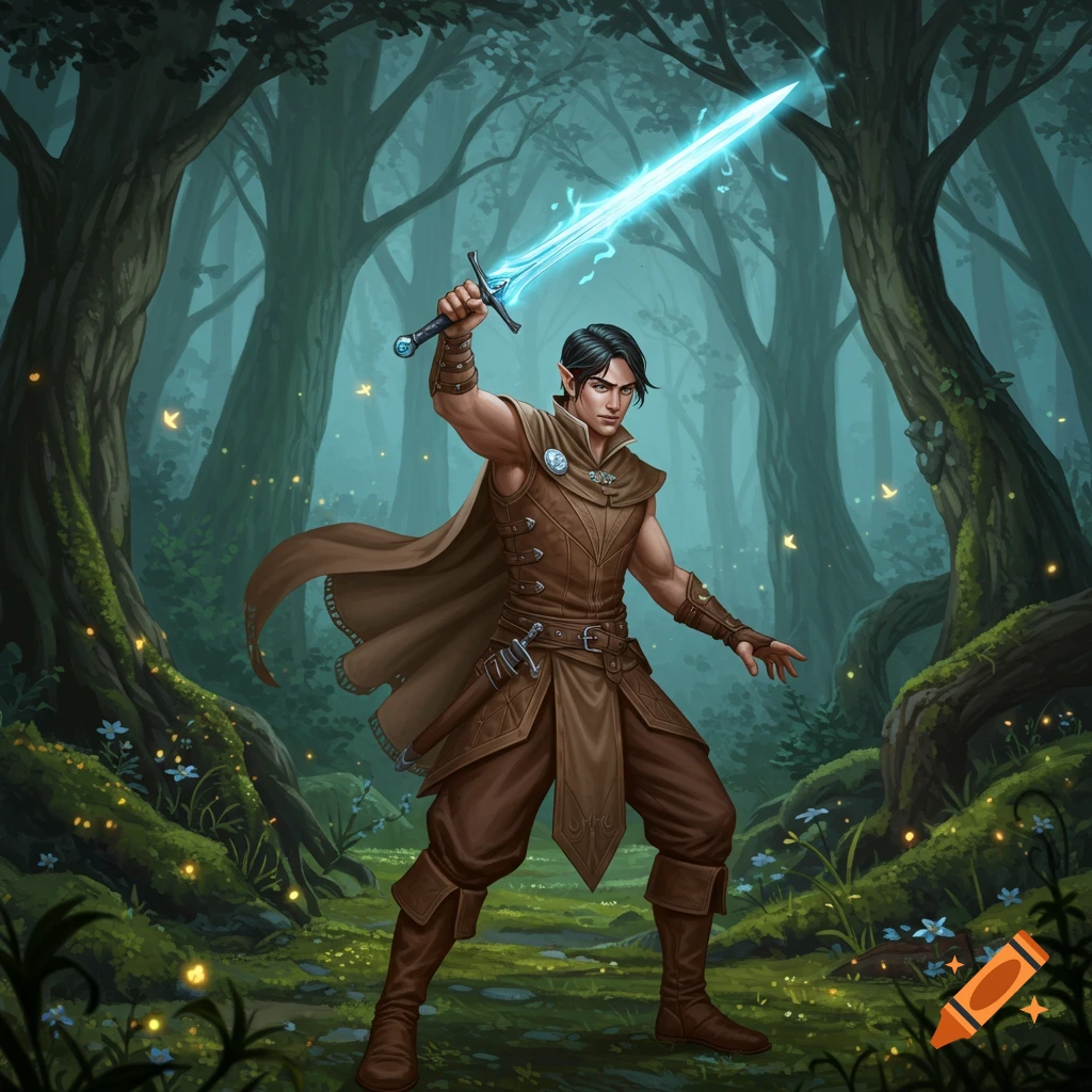 A male elf bladesinger in brown leather armor holds a glowing blue sword raised in a magical forest.
