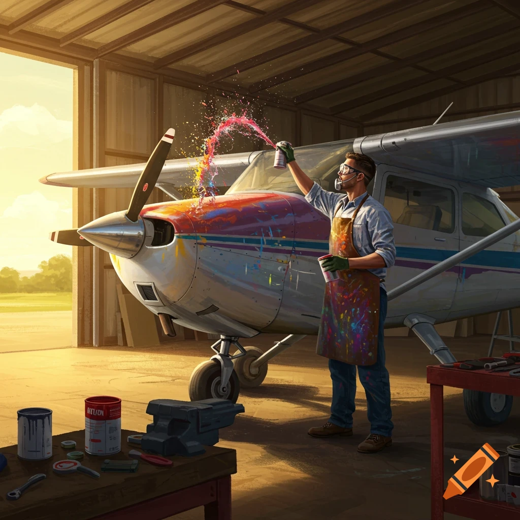 A man in an apron and safety goggles spray-paints a colorful design onto a Cessna airplane inside a sunlit hangar.