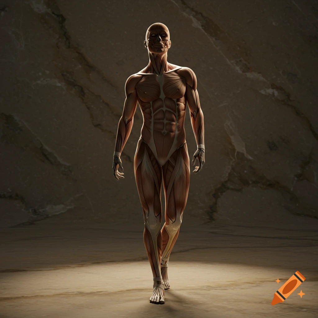 A full-body anatomical model showing human muscles and bones, walking forward in a dimly lit, marbled room.