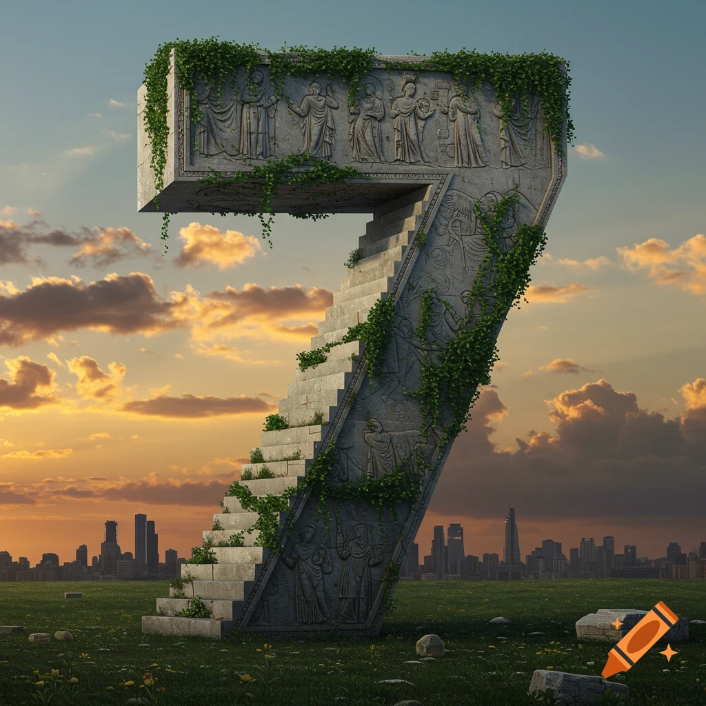 A monumental stone number seven, overgrown with green vines, stands in a grassy field at sunset with a cityscape in the background. It features carved stairs and intricate relief sculptures.