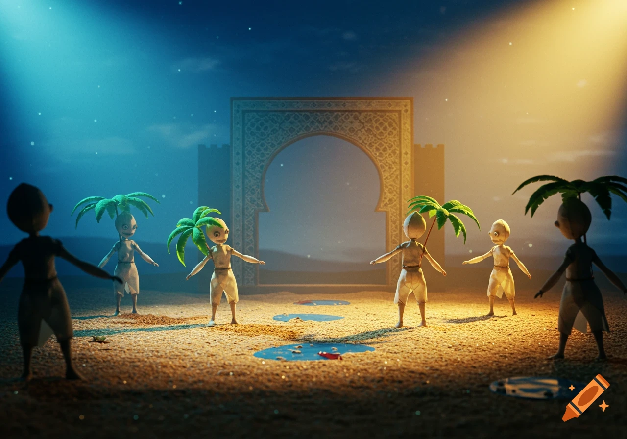 Stylized humanoid puppets with palm frond heads stand in a sandy oasis before an ornate archway, bathed in blue and orange light.