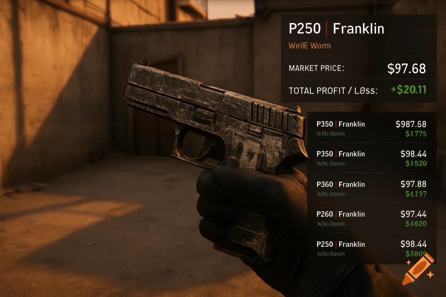 A first-person view of a hand holding a worn P250 | Franklin pistol against a dusty industrial background, with a game UI overlay showing market prices and profit/loss.