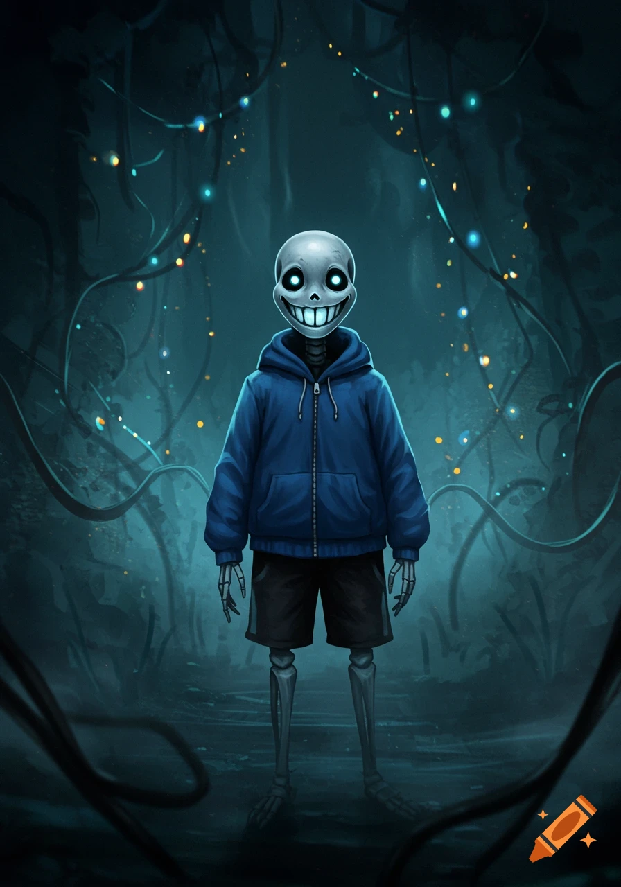 A smiling skeleton in a blue hoodie and black shorts stands in a dark, glowing forest.
