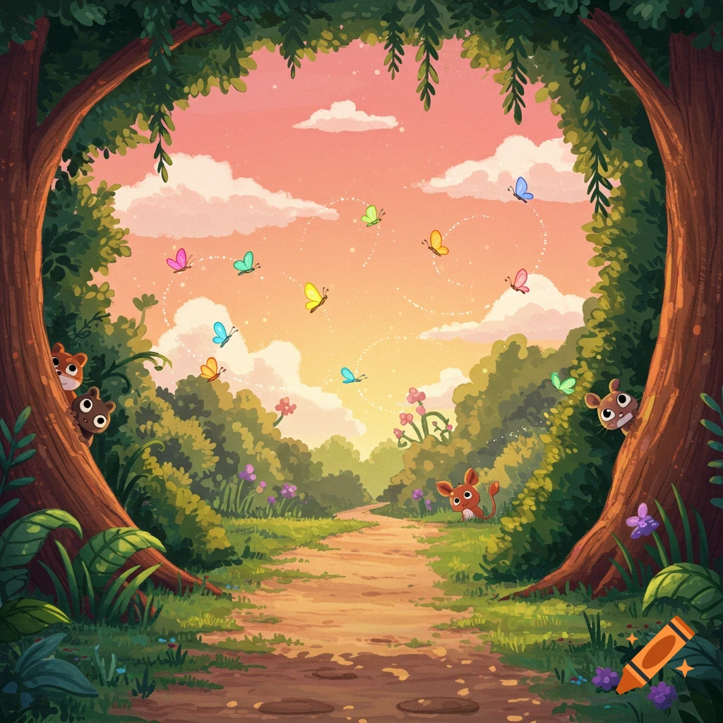 A cartoon forest path framed by trees at sunset with colorful butterflies and small animals peeking from bushes.