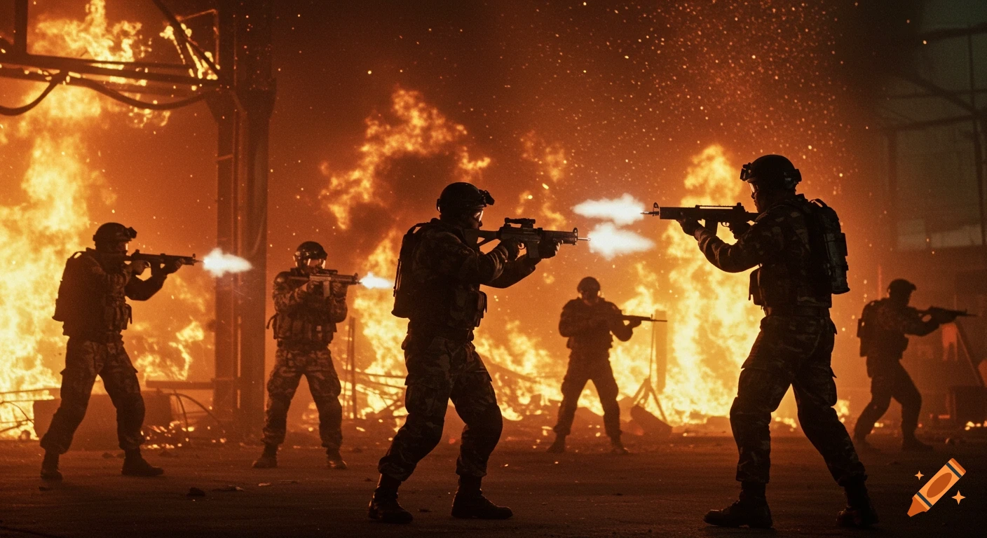 Photorealistic soldiers firing automatic weapons in a burning industrial warehouse, silhouetted against intense flames.