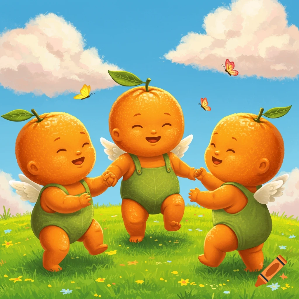 Three whimsical orange-headed toddlers with wings and green overalls dance in a sunny, flower-filled field under a blue sky with butterflies.