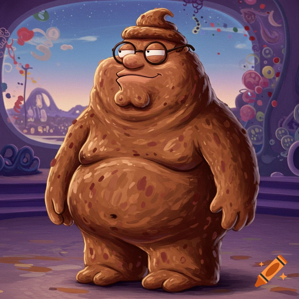 A cartoon character resembling Peter Griffin, made of lumpy brown 'poo' material with glasses, stands in a surreal, colorful landscape.