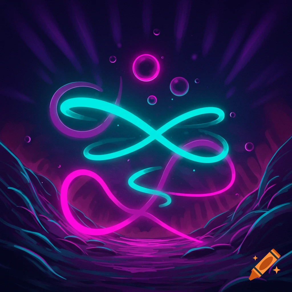 Vibrant digital art with intertwining cyan and magenta neon ribbons floating above a dark, organic landscape.